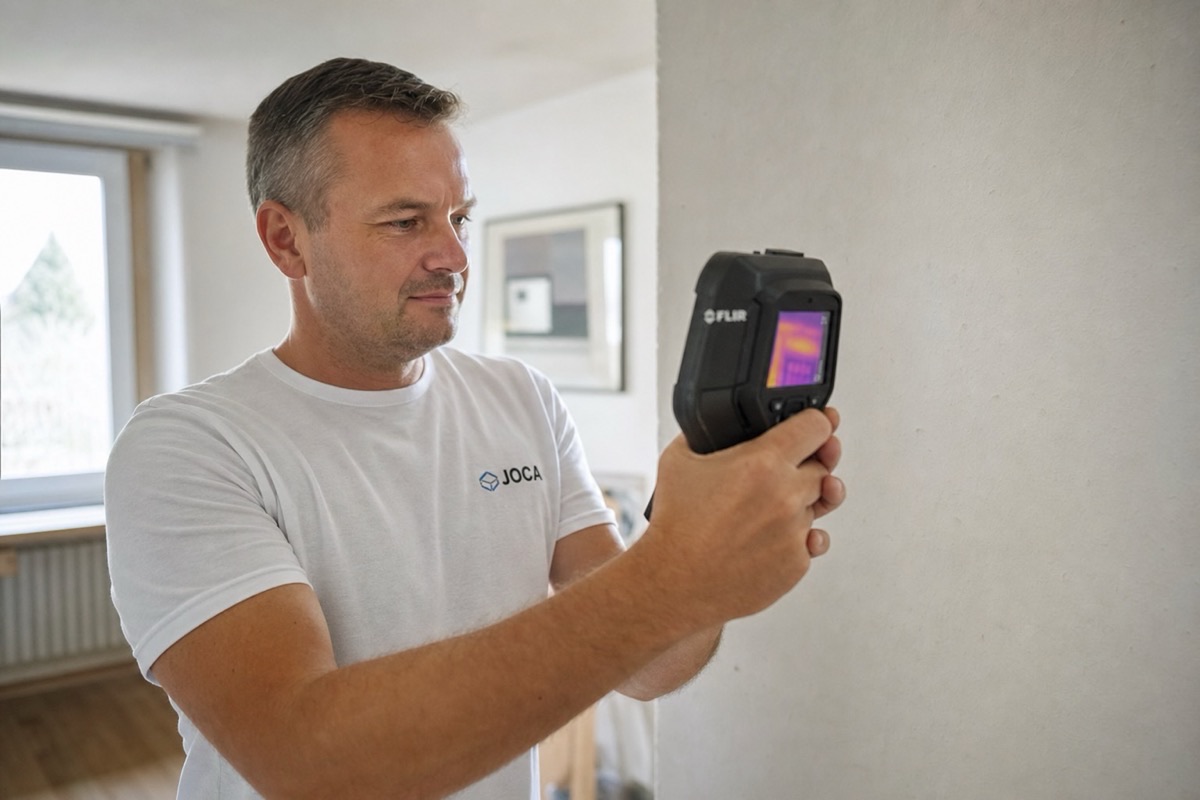JOCA-Techniker mit Thermografie-Kamera bei der Leckortung in einer Würzburger Wohnung